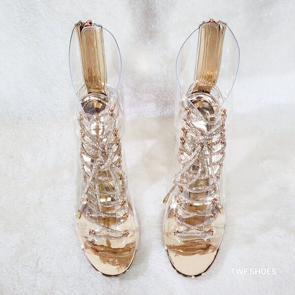 See Me Rose Gold Rhinestone Laces Heels Clear Upper Open Toe Ankle Boots NEW - Picture 10 of 13
